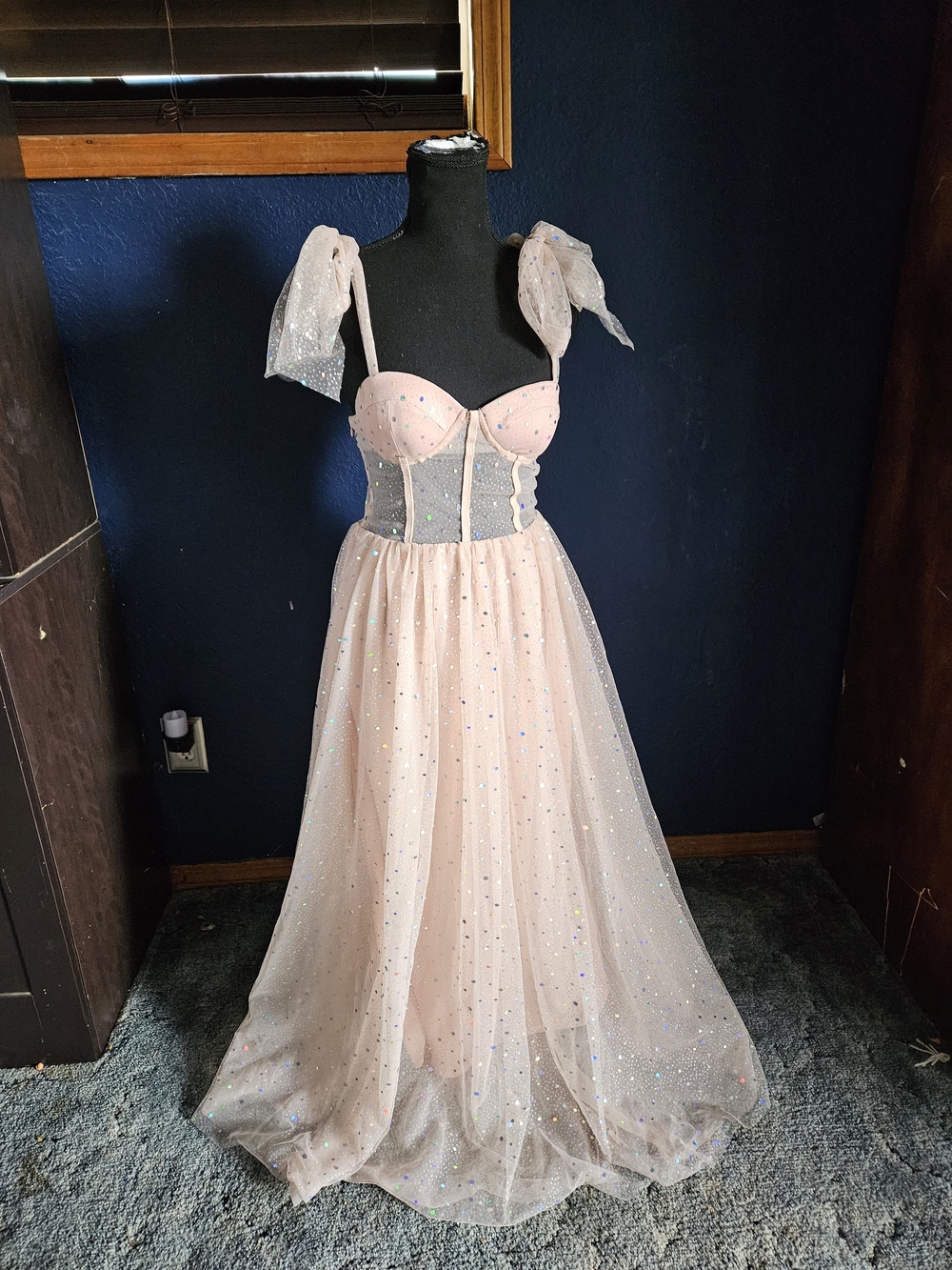 SHEIN Pale Pink Sparkle Tulle Maxi Dress with Bow Straps